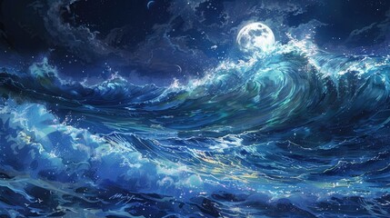A mystical anime art depiction of a shimmering blue water wave illuminated by moonlight, creating a tranquil and otherworldly atmosphere