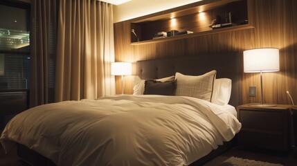 different lighting options, such as bedside lamps and overhead fixtures,