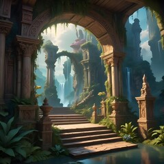 A fantasy stage with an ornate archway leading to a lush, magical forest landscape. The stage has wooden steps and columns with intricate carvings. The background features a vibrant, dreamlike scene.