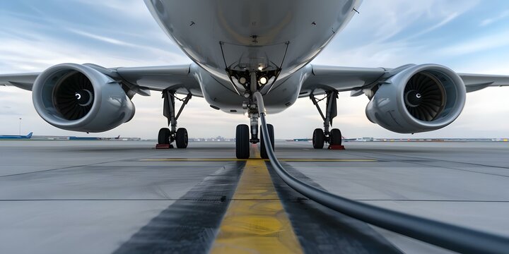 Closeup photo of commercial airplane being refueled with hose attached. Concept Commercial Airplane Refueling, Hose Connection, Closeup Shot, Aviation, Transportation
