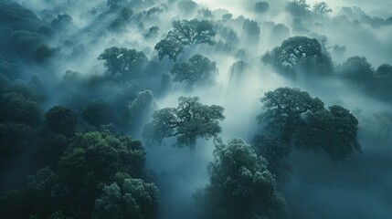 A serene aerial shot of a misty woodland, where the delicate tendrils of fog weave through ancient trees, creating an enchanting and peaceful atmosphere