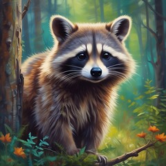 Cute raccoon in a forest