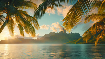 Fototapeta premium Sunset landscape with palm trees and tropical plants and ocean and mountain views