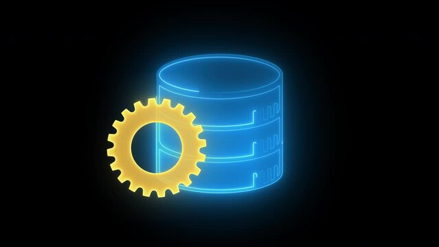 Database icon from artificial intellegence and future technology collection. Database sign and symbol for web animation. Glowing neon line of database and gear icon isolated on transparent background.
