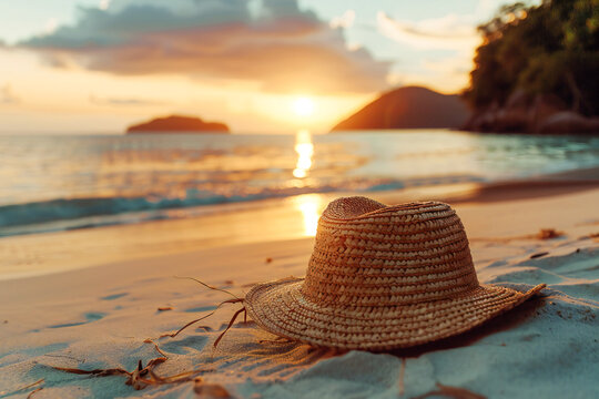 radise beach with a summer hat in the sandy sunshine