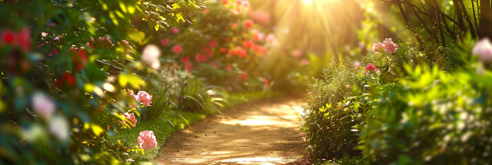 Sunlit pathway winding through lush green garden, framed by blooming flowers