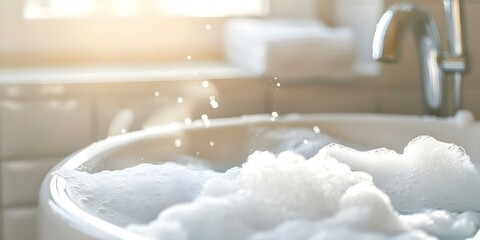 Fototapeta premium Sunlit bathtub filled with soapy suds. Concept Relaxing Bath, Bubble Bath, Sunlit Soak