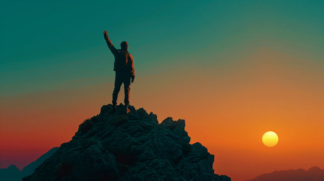 Silhouette of Man on Mountain Peak with Arms Raised at Sunset
