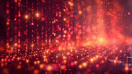 Fototapeta premium An abstract illustration of binary code flowing dynamically against a backdrop of blurred lines and bokeh lights. The color gradient from warm to cool hues adds depth