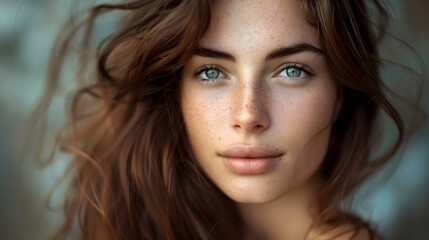 Beautiful woman with brown hair looking at camera .