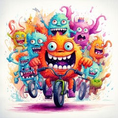 Fototapeta premium Playful Little Monsters on Bikes in Neon Watercolors - Energetic Doodle Art Style