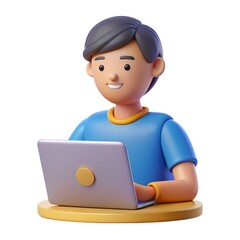 A cartoon man is sitting at a table using a laptop computer to work