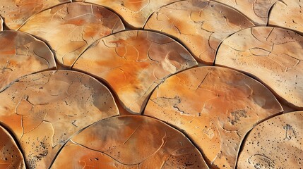 Fototapeta premium Overlapping, semi-circular terracotta tiles, The tiles have a rough, textured surface and vary slightly in color, creating a warm, earthy aesthetic, The sunlight casts shadows.