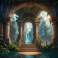 Fototapeta premium A fantasy stage with an ornate archway leading to a lush, magical forest landscape. The stage has wooden steps and columns with intricate carvings. The background features a vibrant, dreamlike scene.