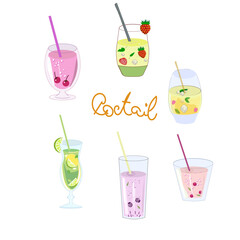 Vector set of cocktails. An illustration of classical drinks in different types of glasses. Vector illustration of summer cocktails.