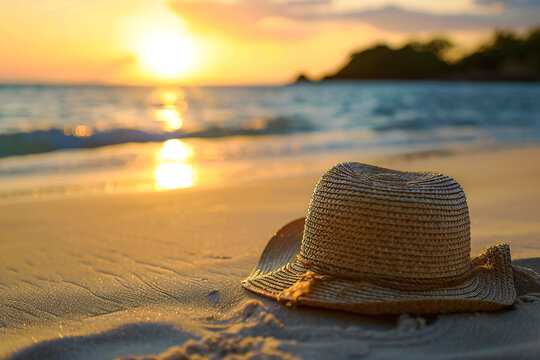 radise beach with a summer hat in the sandy sunshine