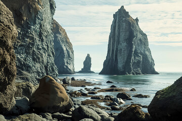 A rocky shoreline with a large rock in the foreground and a small rock in the background. The water is calm and the sky is cloudy