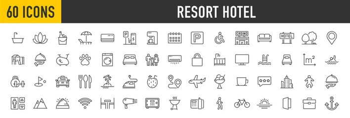 Resort Hotel web icons in line style. Wellness, beach, tourism, hotel, passport, maps, spa, landscape, camera. Icon collection. Vector illustration.
