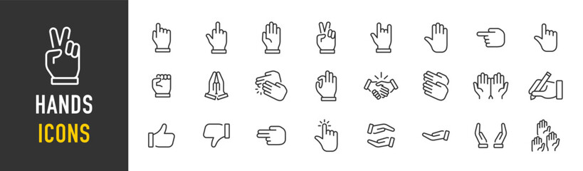 Hands web icons in line style. Handshake, hands holding mobile, click, stop, applause, like, thumbs up. Vector illustration.