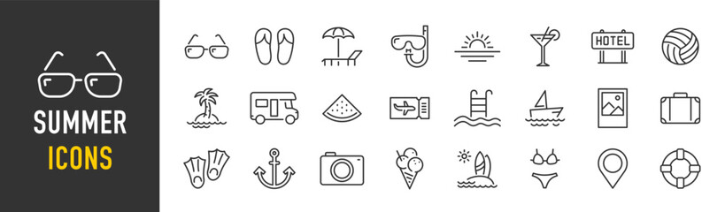 Summer web icons in line style. Vacation and beach web icons in line style. Travel, holiday, tourism, hotel, passport, maps, landscape, camera. Icon collection. Vector illustration.