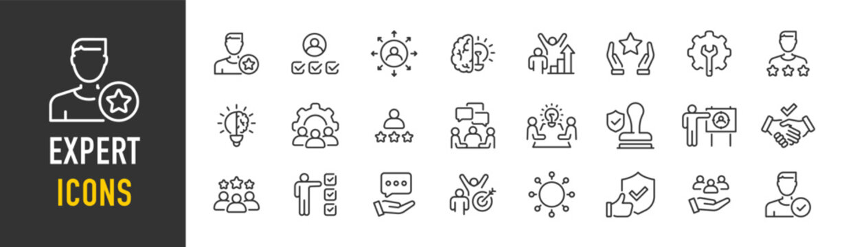 Expert web icons in line style. Competence, advice, knowledge, skill, service. Vector illustration.