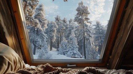 Obraz premium View from inside a cozy cabin, looking out through an energy-efficient window at a snowy forest, demonstrating heat retention
