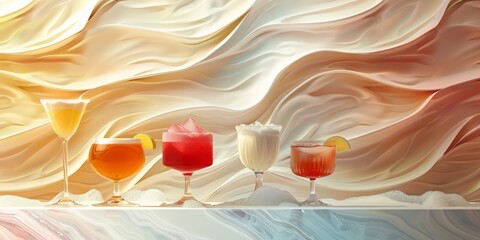Two elegant cocktails with a citrus garnish, set against a flowing, artistic background for a chic presentation.