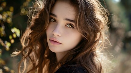 Naklejka premium Beautiful woman with brown hair looking at camera .