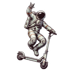 astronaut rides and balances on a scooter