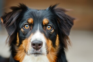 Australian Shepherd dog with a mix of brown, black, and white fur. The style is warm and affectionate, showcasing the dog's expressive eyes and soft fur