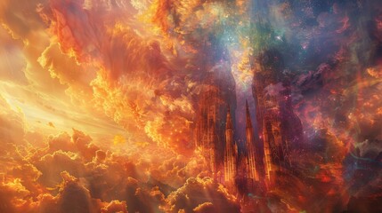 Fototapeta premium Fiery architectural giants clashing, mystical conflict, bright colors, intense strokes, surrounded by a mystical aura, dramatic and powerful