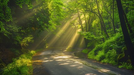 Obraz premium Forest road bathed in sunlight, lush greenery, sun rays piercing through the canopy, sparkling stream nearby, serene and picturesque