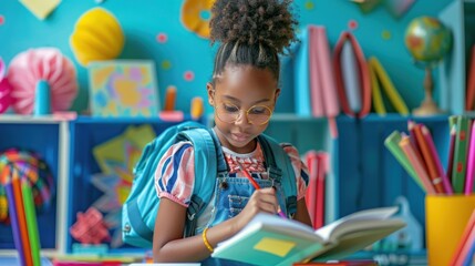 Fototapeta premium A young girl excitedly flipping through a new textbook, surrounded by a vibrant assortment of school supplies including sticky notes, markers, and pencil cases The scene highlights the excitement of