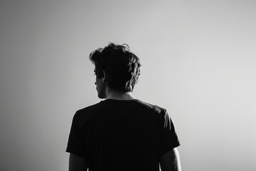 silhouette of man in black t-shirt, white background, looking away from camera, head turned to the side, back view, black and white Generative AI © SKIMP Art