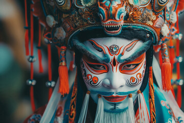 Majestic Close-up of Chinese Opera Performer in Ornate Costume and Makeup