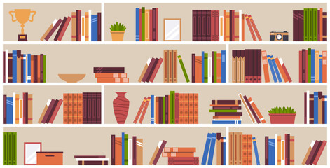 Bookshelves in library closet. Bookcase with books, rows of literature in different bindings, vases and pots, decorations, cozy interior cartoon flat style isolated nowaday vector concept © YummyBuum