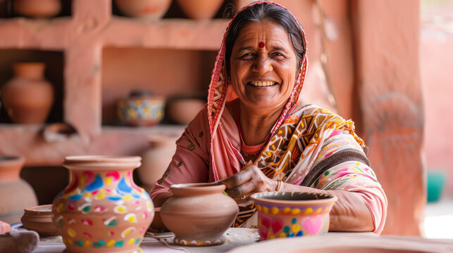 Smiling Indian woman in traditional attire, painting intricate designs on pottery in a well-lit room with a light pink background