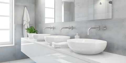 Fototapeta premium Renovated bathroom featuring a large white mirror and bright lighting. Concept Bathroom Renovation, White Mirror, Bright Lighting, Modern Design