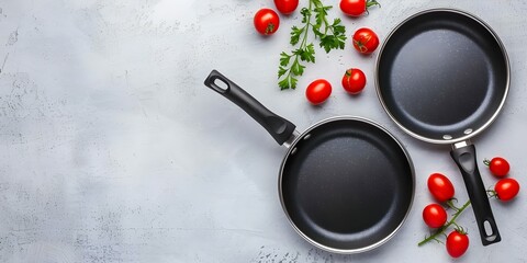 Two durable frying pans with ergonomic handles and nonstick coatings displayed on kitchen counter. Concept Kitchenware, Frying Pans, Ergonomic Design, Nonstick Coating, Cooking Essentials