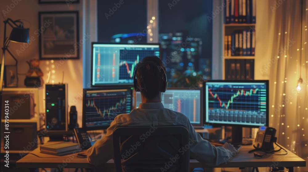 Fototapete A person sits in a dark room at night, working at a desk with multiple computer monitors showing stock charts.