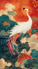 Brocade texture with traditional Chinese patterns auspicious cloud embellishment. rainbow surging. crane jumping over the rainbow