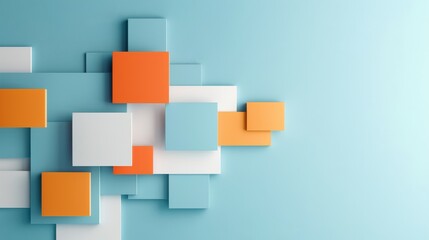 Abstract geometric background with colorful square shapes in orange, blue, and white on a light blue backdrop, 3D render.