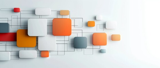 Abstract geometric background with overlapping colorful squares and rectangles arranged in a dynamic pattern on a light gradient backdrop.