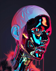 Human face with translucent layer over and subsurface scattering with holographic reflections and matt black and neon colours made from shiny material with dripping paint