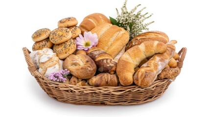 A wicker basket filled with various freshly baked artisan breads, including a baguette, a loaf with sesame seeds, and a long, crusty loaf