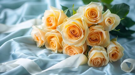 Obraz premium A bouquet of yellow roses, wrapped in white ribbon and placed on the table with satin cloth. The flowers have round petals that give off their fragrance.