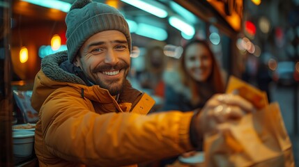 Smiling Man Reaches for Food in a City Night Market