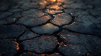 The asphalt road, with cracks and worn areas, illuminated by soft sunlight. The texture is detailed and realistic, showcasing textures that resemble real-life roads.
