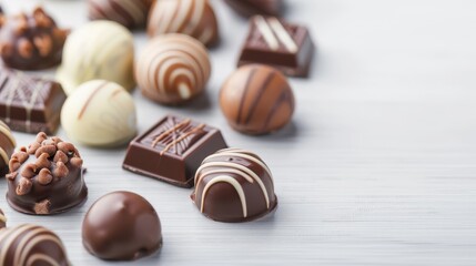 Assorted gourmet chocolates on a light background, showcasing various designs, shapes, and flavors, perfect for dessert, gift, or special occasions.