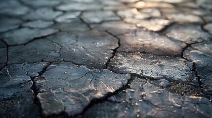 The asphalt road, with cracks and worn areas, illuminated by soft sunlight. The texture is detailed and realistic, showcasing textures that resemble real-life roads.